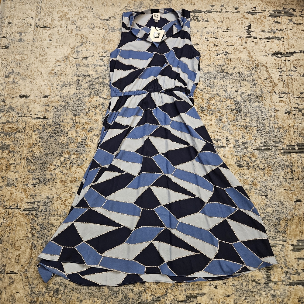 NWT Anne Klein Womens Jenna Blue Jay Combo Drawstring Printed Midi Dress Size 8